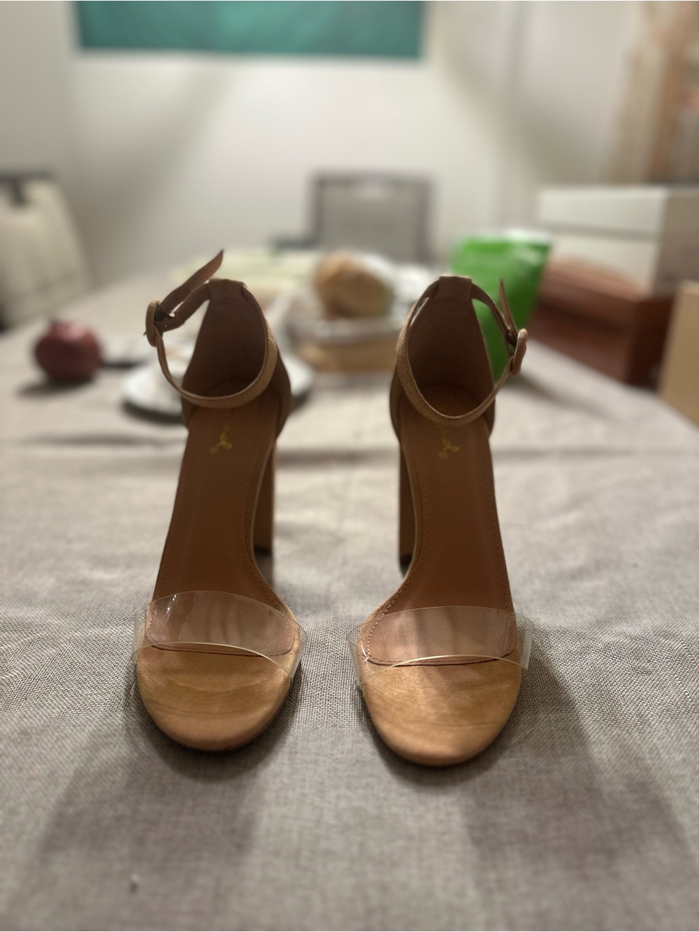 Qupid Tan Block-Heel Ankle-Strap Sandals with Clear Toe Band